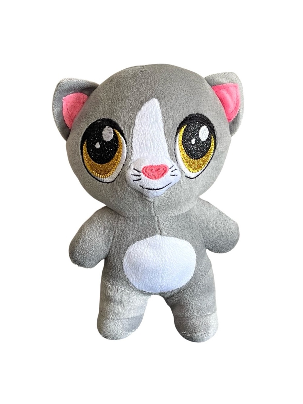 Nanco Pudgiez Pet Cat Plush Gray Kitten Stuffed Animal Big Glittery Eyes 8 Inch